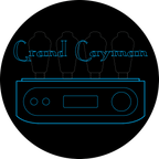 Minimalist blue line drawing of HeadAmp Grand Cayman DHT Electrostatic Amp (Pre-Order Deposit) with vacuum tubes on black background