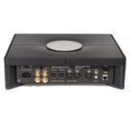 Rear view of Grimm Audio MU2 Streamer/Roon Core + Amplifier showing multiple analog and digital audio connections on white background