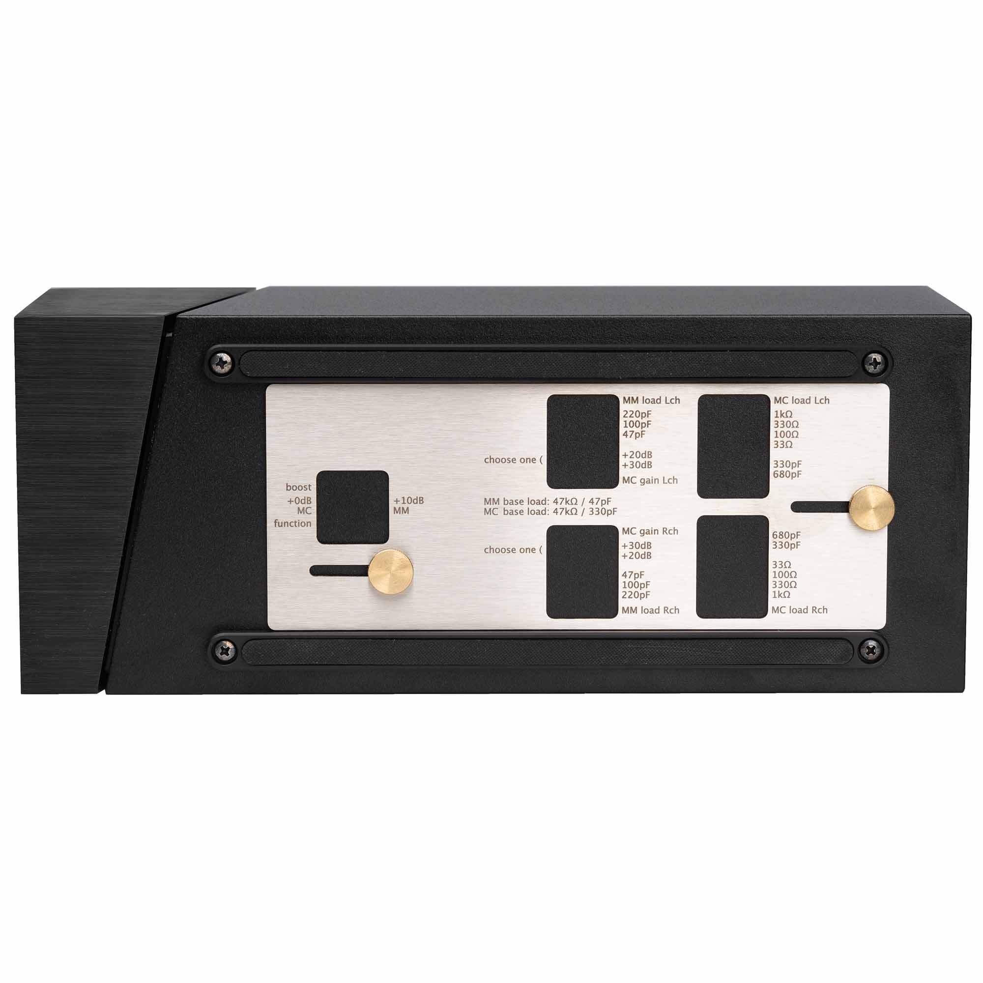 Grimm Audio PW1 Solid State Phono Pre-Amplifier close-up showing control panel with brass knobs on white background