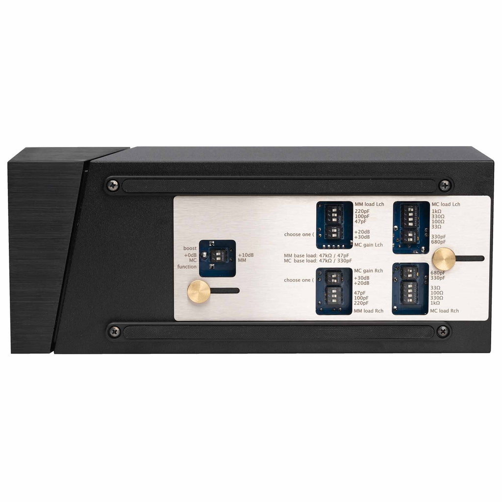 Grimm Audio PW1 Solid State Phono Pre-Amplifier close-up of control panel and adjustment switches on white background