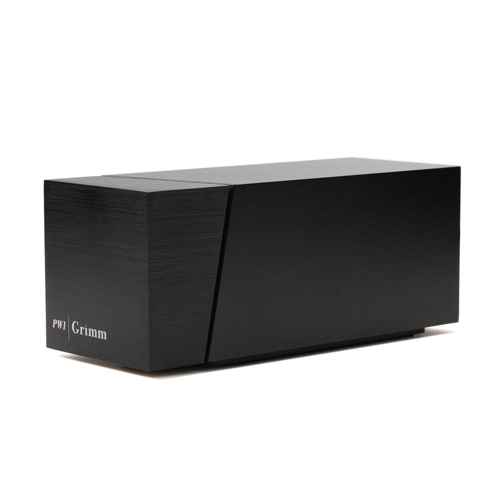 Grimm Audio PW1 Solid State Phono Pre-Amplifier in black with angled front panel and minimalist design on white background