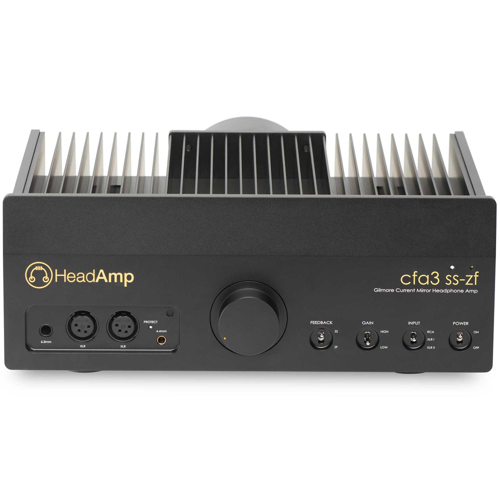 Front view of HeadAmp CFA3 Headphone Amp (Pre-Order Deposit) showing controls and headphone inputs on black chassis