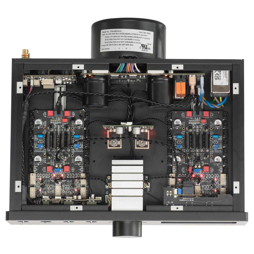 Top view inside the HeadAmp CFA3 Headphone Amp (Pre-Order Deposit) showing circuit boards and internal wiring layout