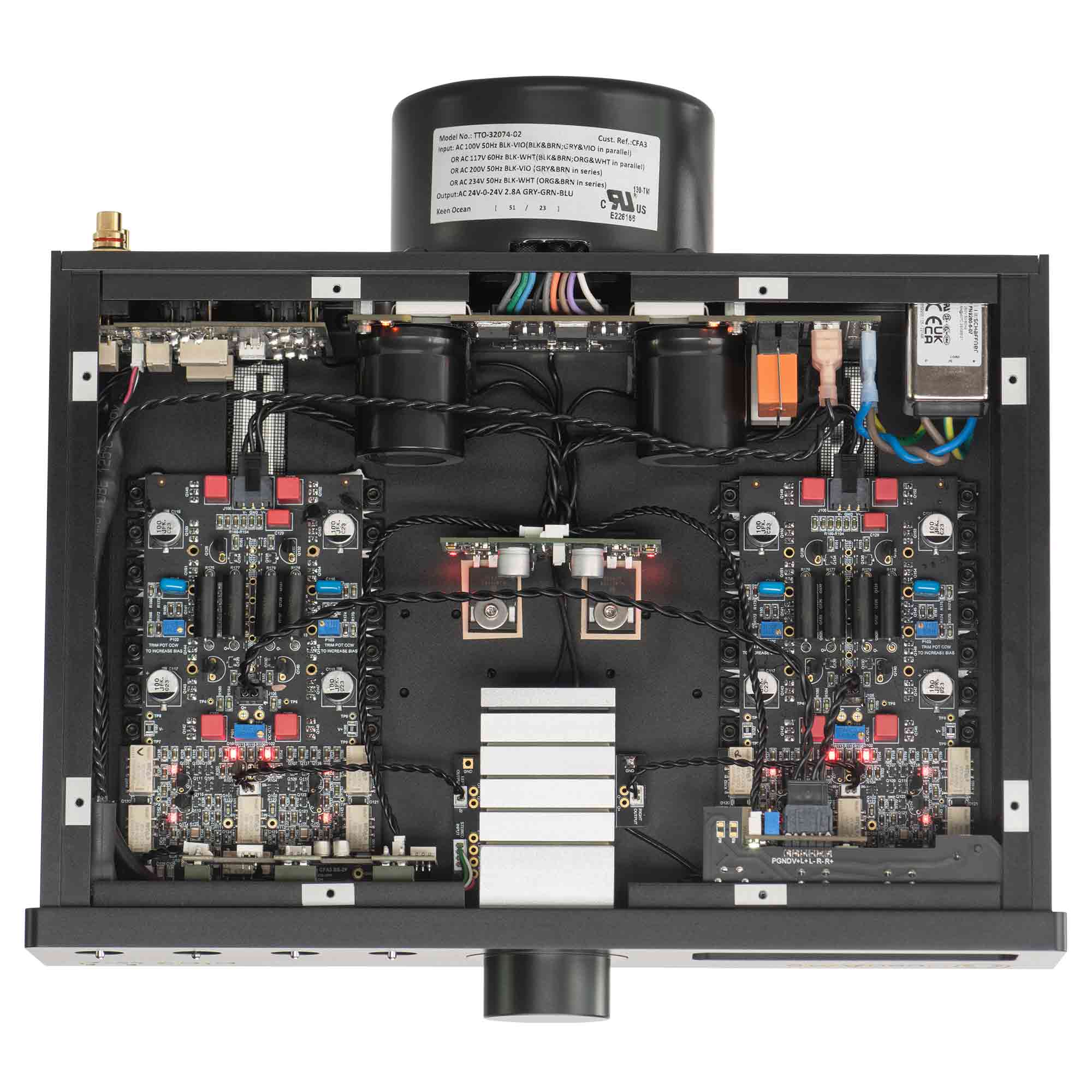 Top view inside the HeadAmp CFA3 Headphone Amp (Pre-Order Deposit) showing circuit boards and internal wiring layout