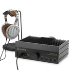 HeadAmp CFA3 Headphone Amp (Pre-Order Deposit) with headphone connected on black surface and metal cooling fins