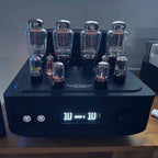 HeadAmp Grand Cayman DHT Electrostatic Amp Pre-Order Deposit showing glowing vacuum tubes and digital input display on black chassis
