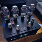 HeadAmp Grand Cayman DHT Electrostatic Amp (Pre-Order Deposit) with glowing vacuum tubes on black chassis close-up view