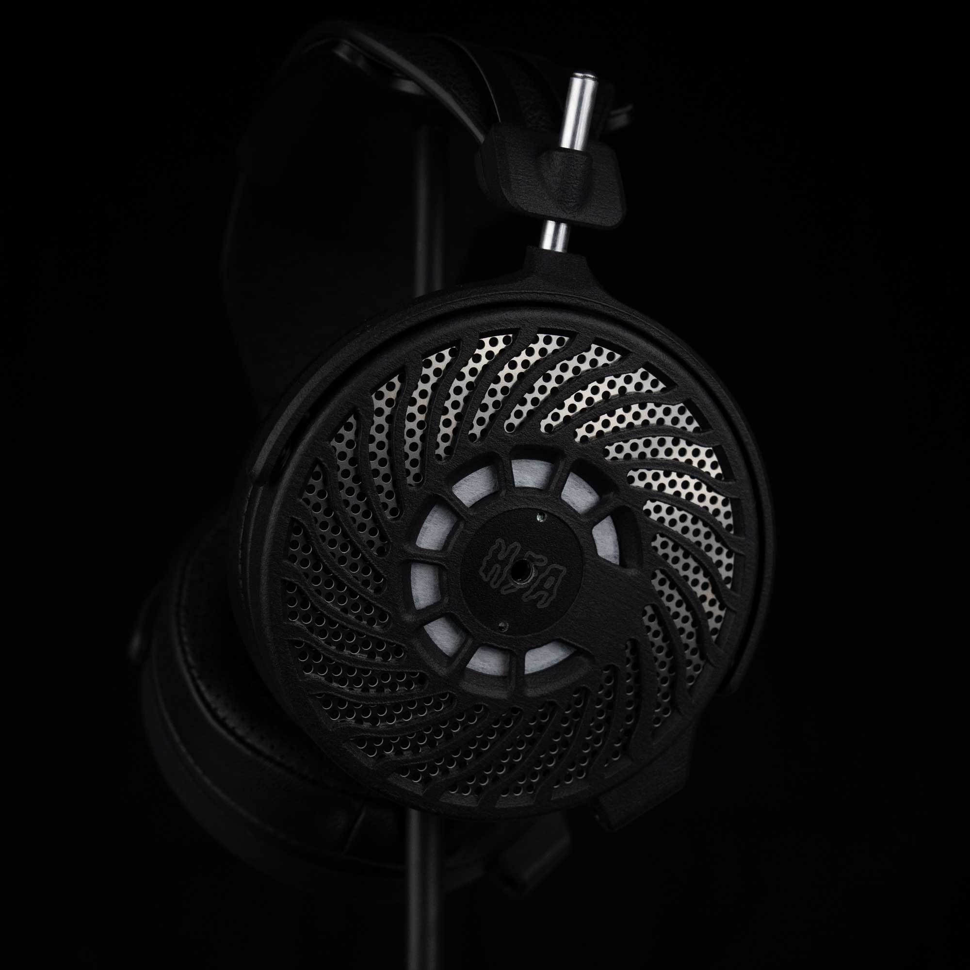 HIFI FOR ALL Dahlia Open-Back Dynamic Headphones showing black open-back ear cup with spiral grille on black background