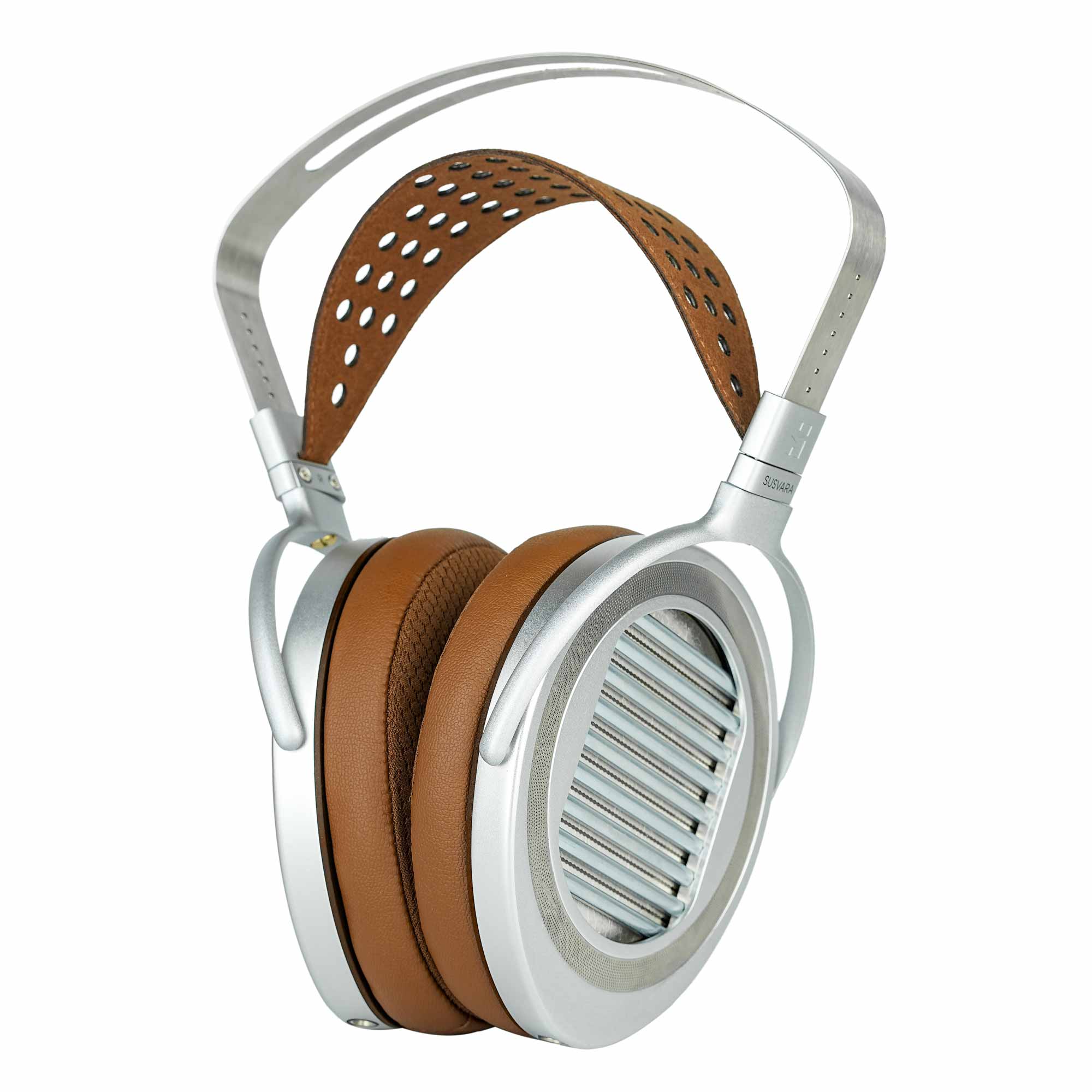 HIFIMAN Susvara Unveiled Open-Back Planar Magnetic Headphones with silver frame and brown leather ear pads isolated on white background