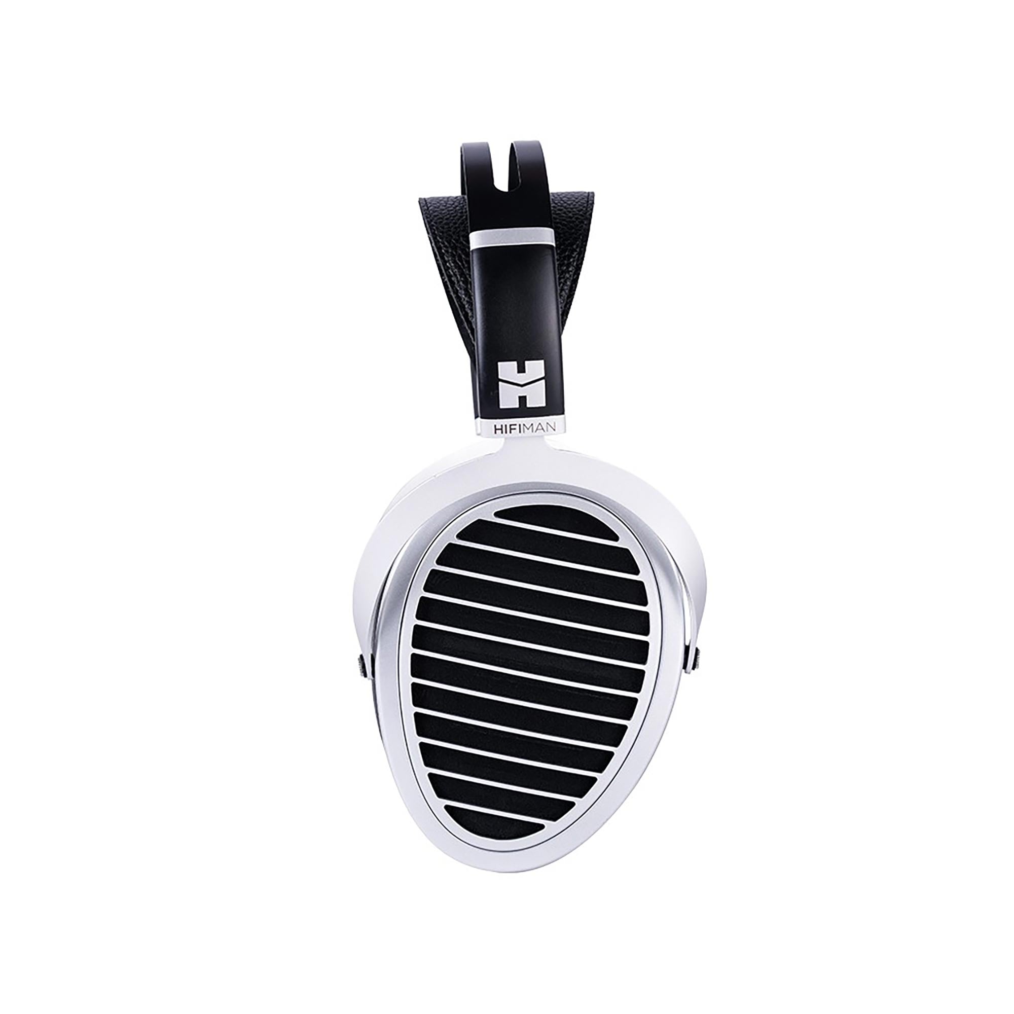 Close-up of the HIFIMAN Ananda | Nano black and white open back planar magnetic headphone earcup on white background