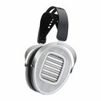 HIFIMAN Ananda Unveiled Open-Back Planar Headphones with silver grill-free ear cups and black perforated headband on white background