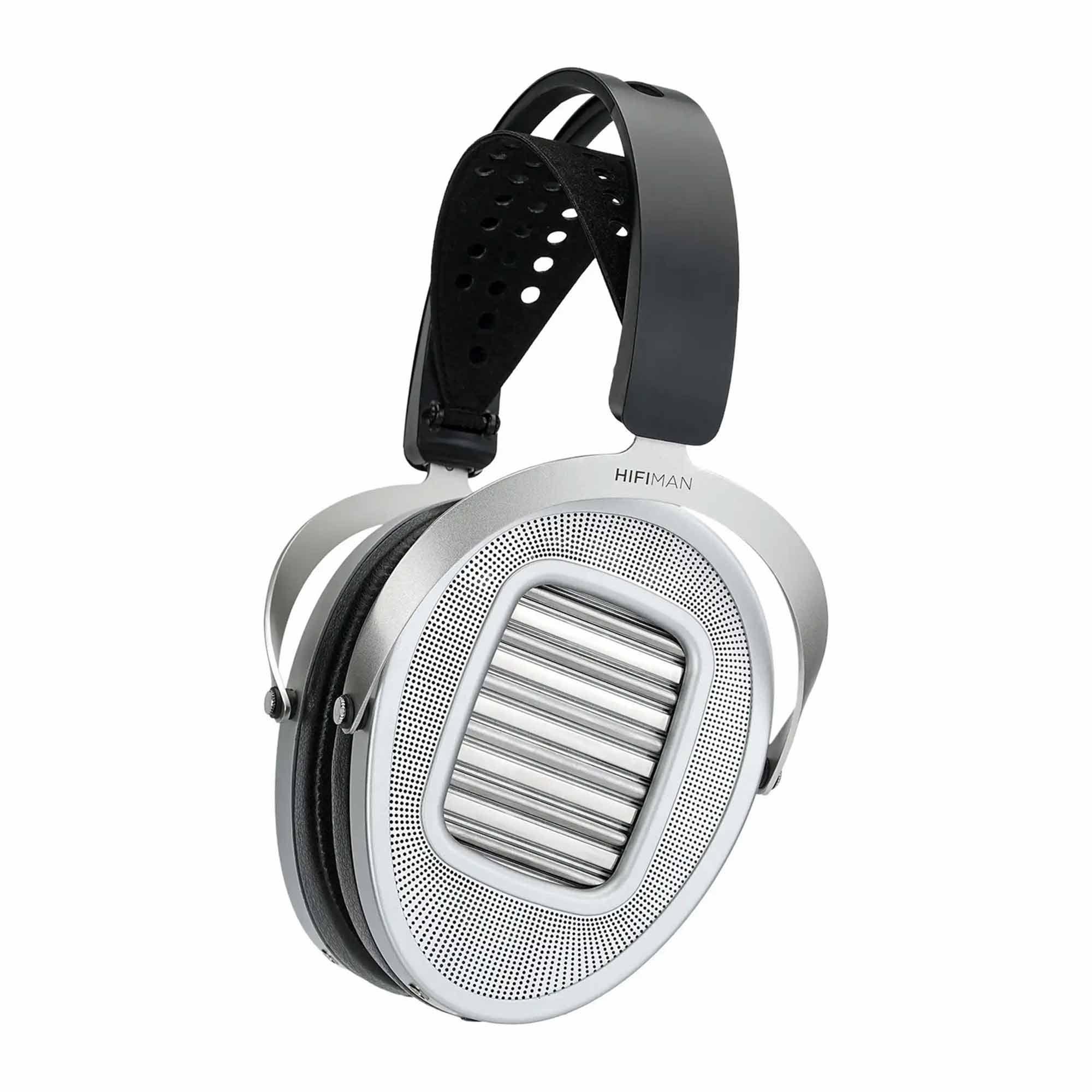 HIFIMAN Ananda Unveiled Open-Back Planar Headphones with silver grill-free ear cups and black perforated headband on white background