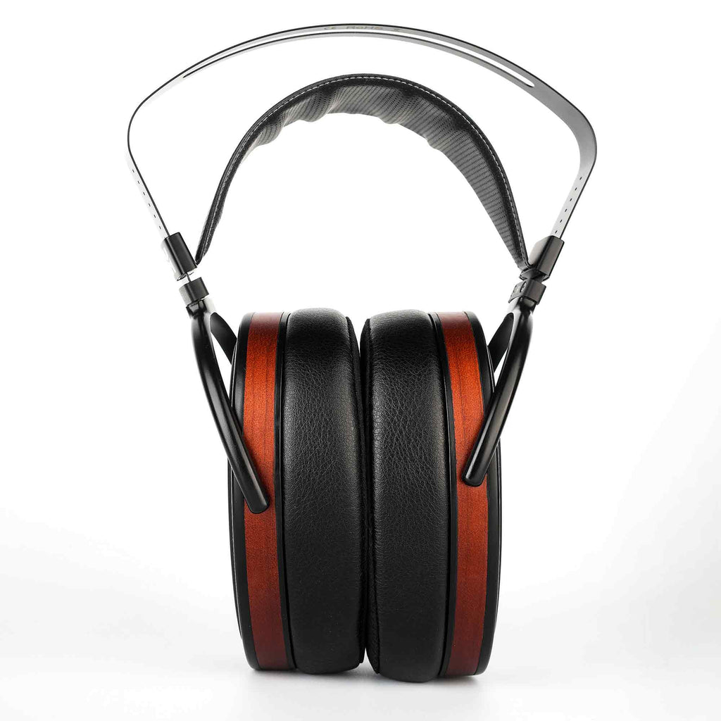 HIFIMAN Arya | Organic Edition open back headphones with wooden ear cups and black padded headband on white background