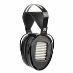 HIFIMAN Arya Unveiled Open-Back Planar Headphones in black with unique silver grille and padded headband on white background