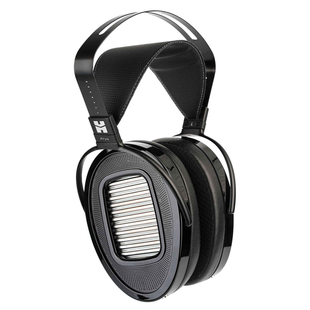 HIFIMAN Arya Unveiled Open-Back Planar Headphones with black frame and silver grille on white background