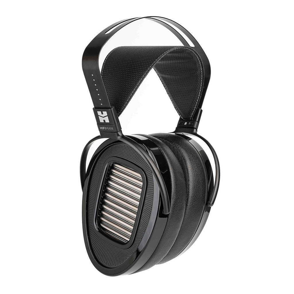 HIFIMAN Arya Unveiled Open-Back Planar Headphones angled view showing black ear cups and metal grill on white background