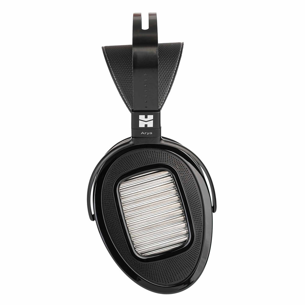 Close-up top view of the HIFIMAN Arya Unveiled Open-Back Planar Headphones ear cup with metal grille and headband