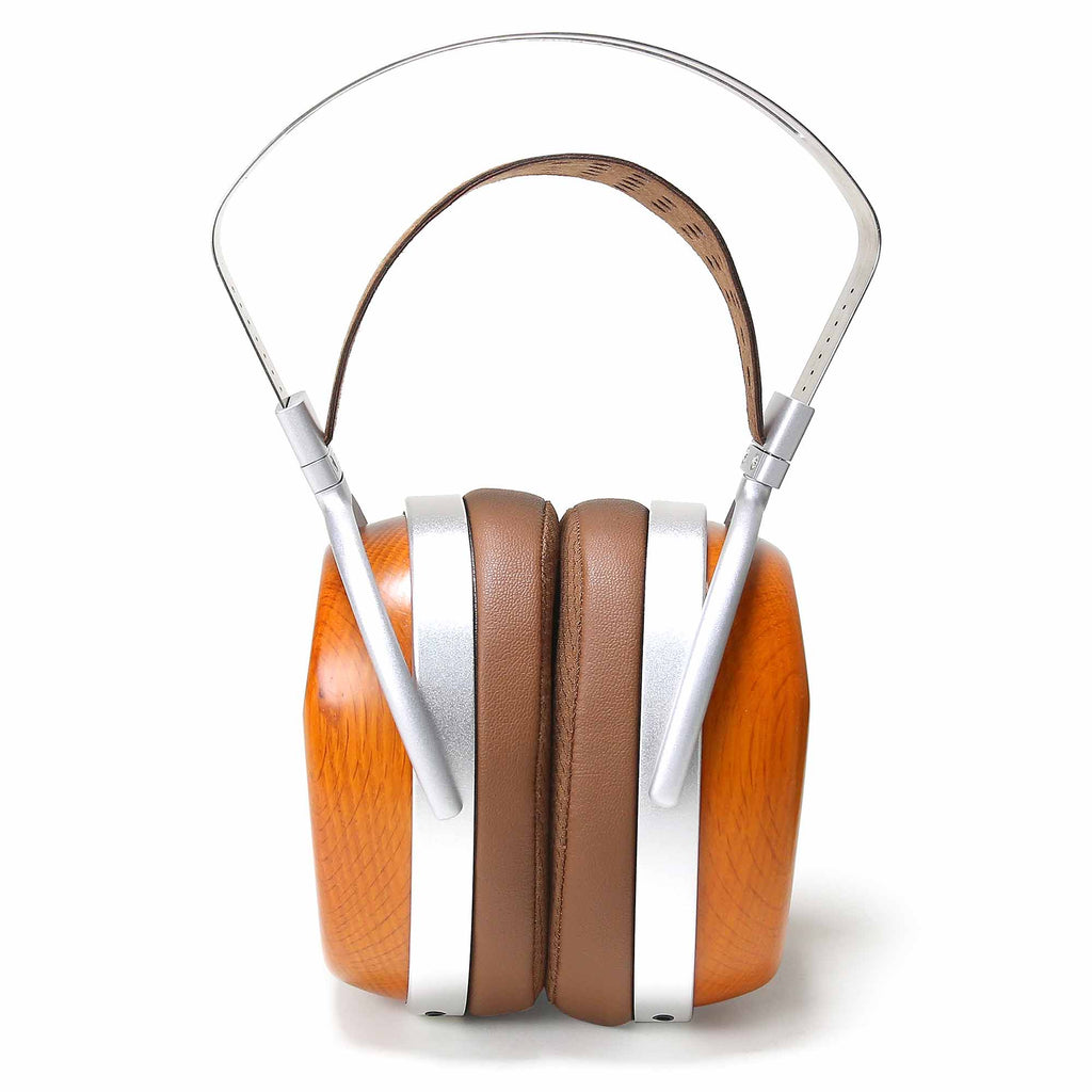 HIFIMAN Audivina Closed-Back Planar Magnetic Headphones with wooden earcups and brown padded headband on white background