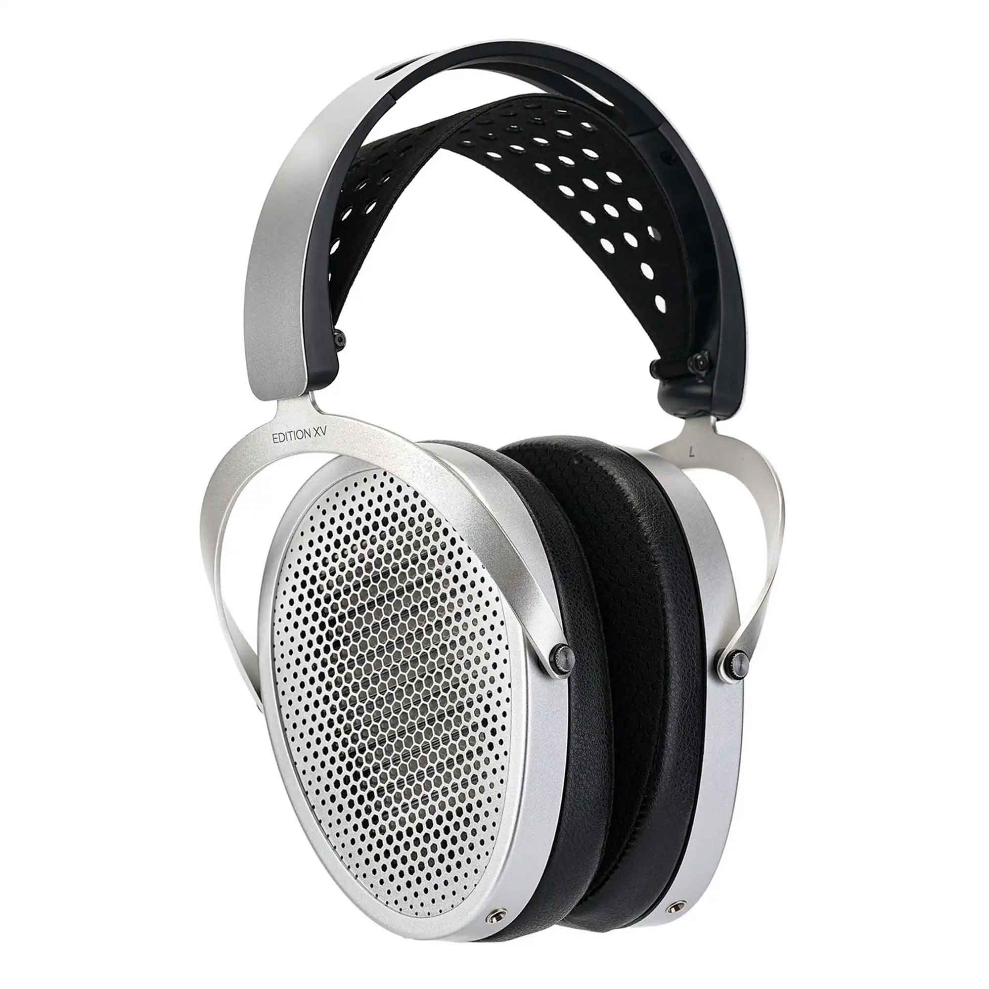 HIFIMAN Edition XV Open-Back Headphones with silver metal ear cups and black padded suspension headband on white background