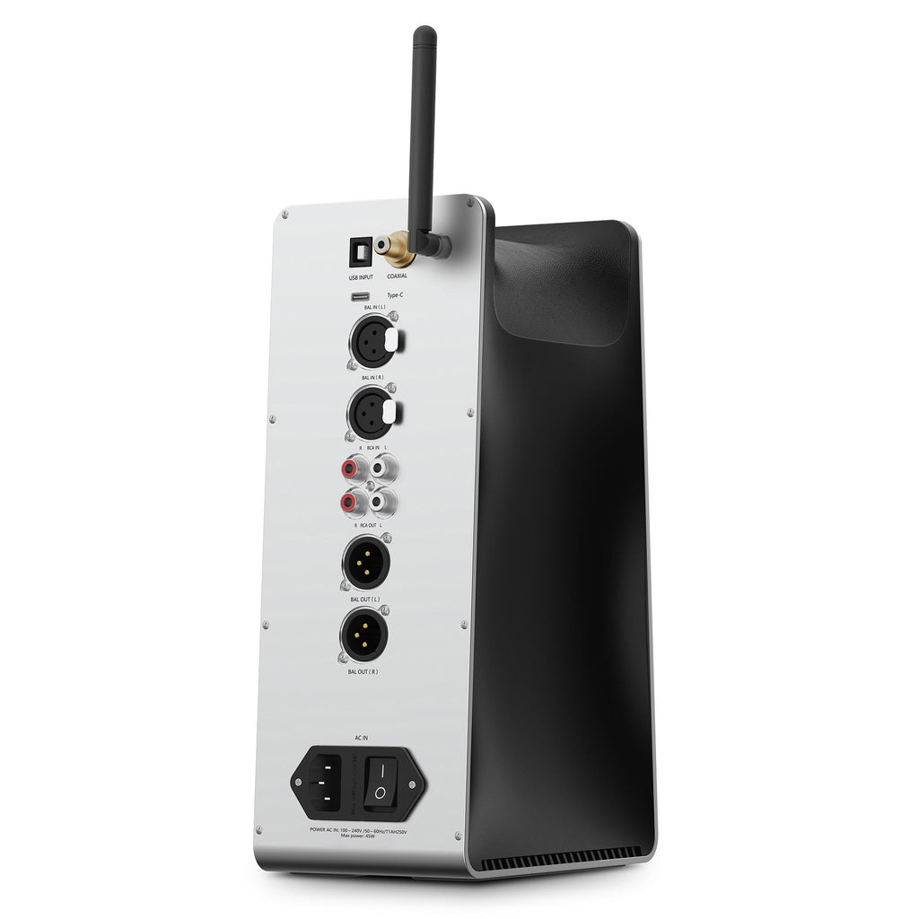 Rear view of HIFIMAN EF600 Balanced Desktop DAC/Amplifier showing multiple audio input and output ports with antenna on white background