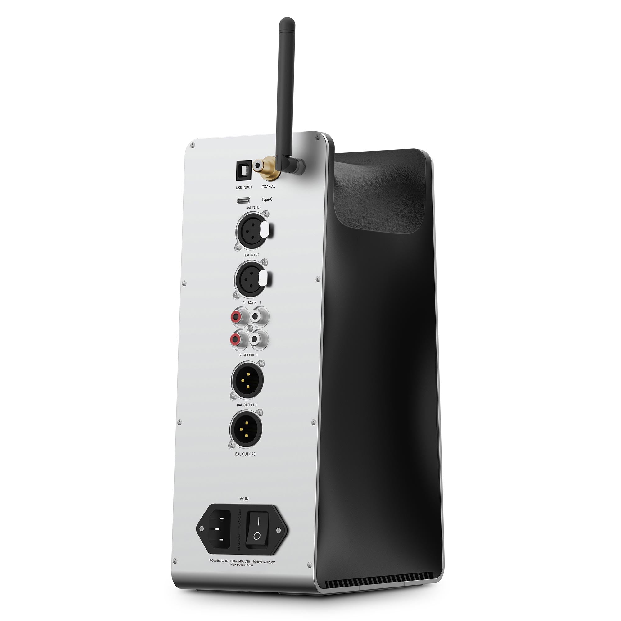 Rear view of HIFIMAN EF600 Balanced Desktop DAC/Amplifier showing multiple audio input and output ports with antenna on white background