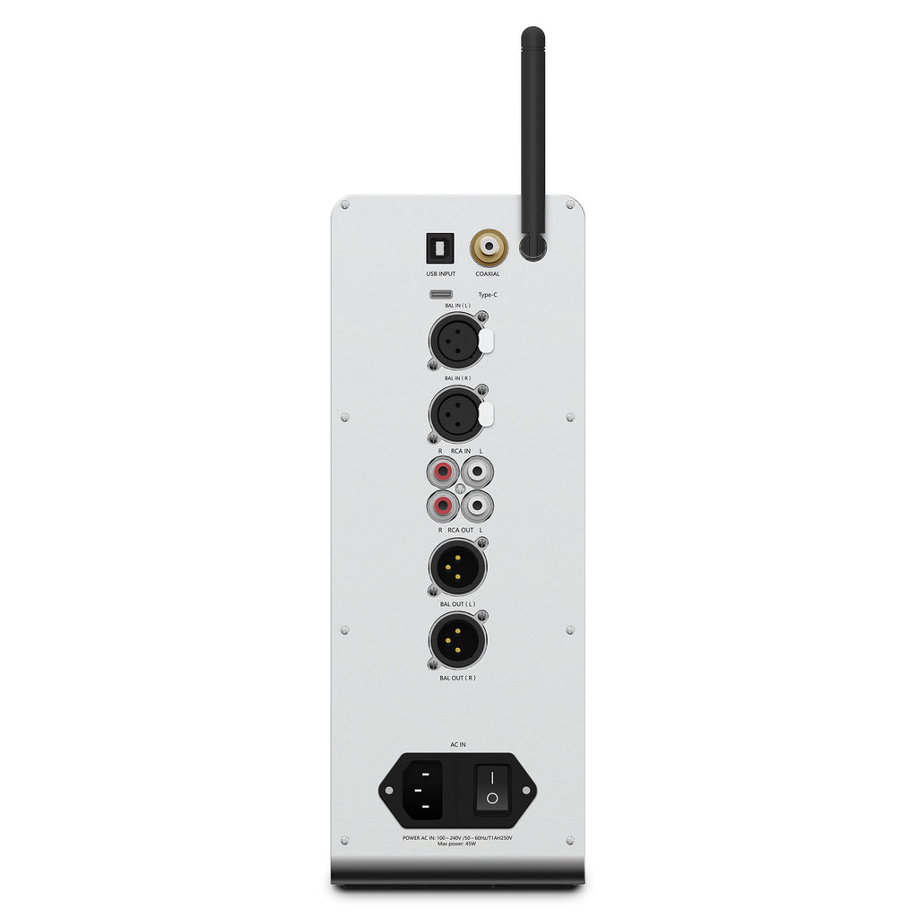 Rear panel view of HIFIMAN EF600 Balanced Desktop DAC/Amplifier showing multiple input and output ports with antenna on white background