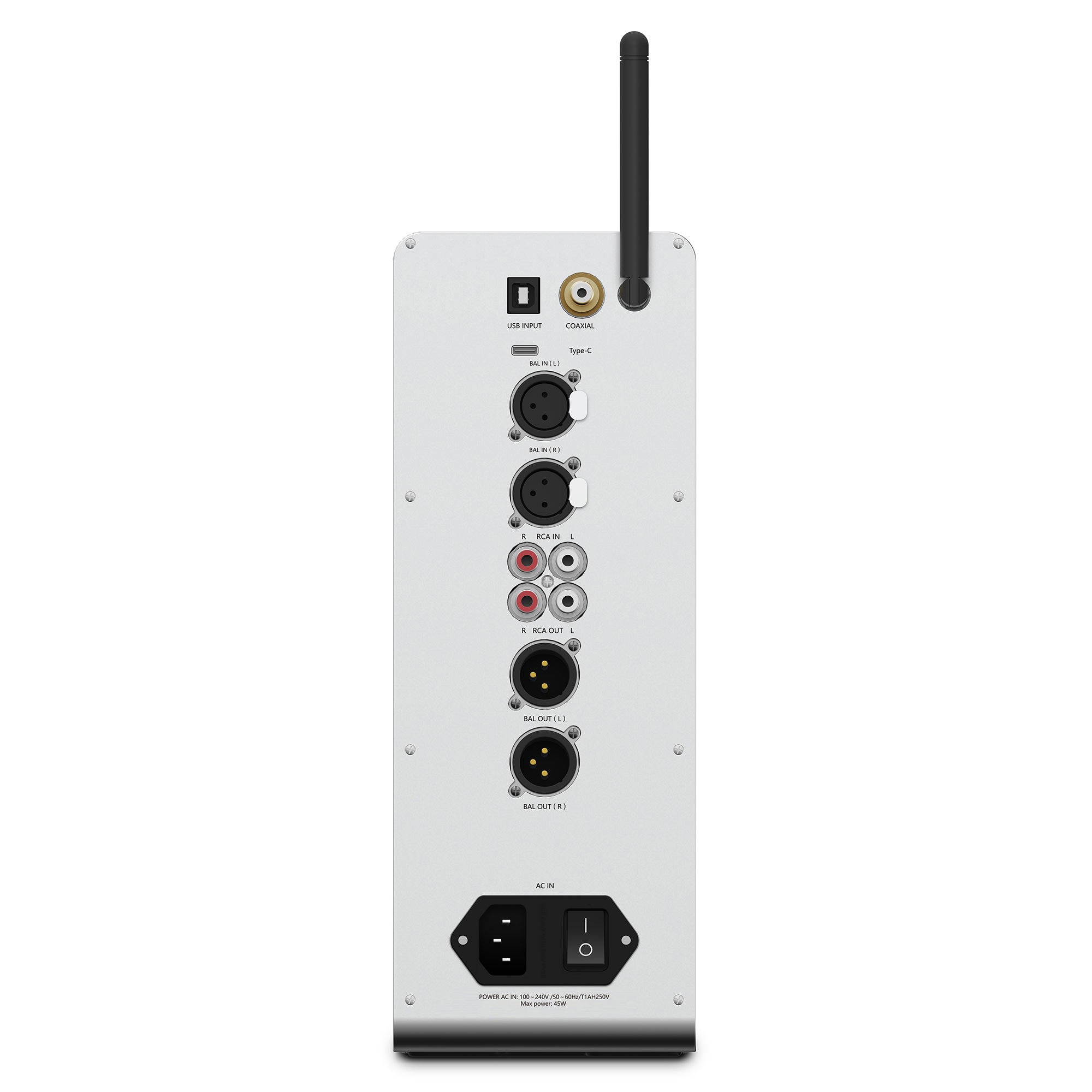 Rear panel view of HIFIMAN EF600 Balanced Desktop DAC/Amplifier showing multiple input and output ports with antenna on white background