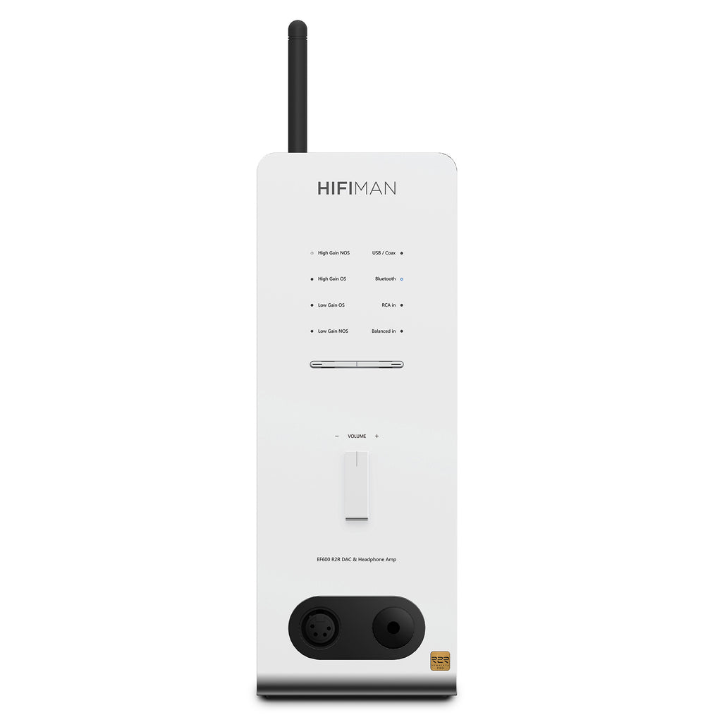 Front view of white HIFIMAN EF600 Balanced Desktop DAC/Amplifier with volume control and input indicators on white background