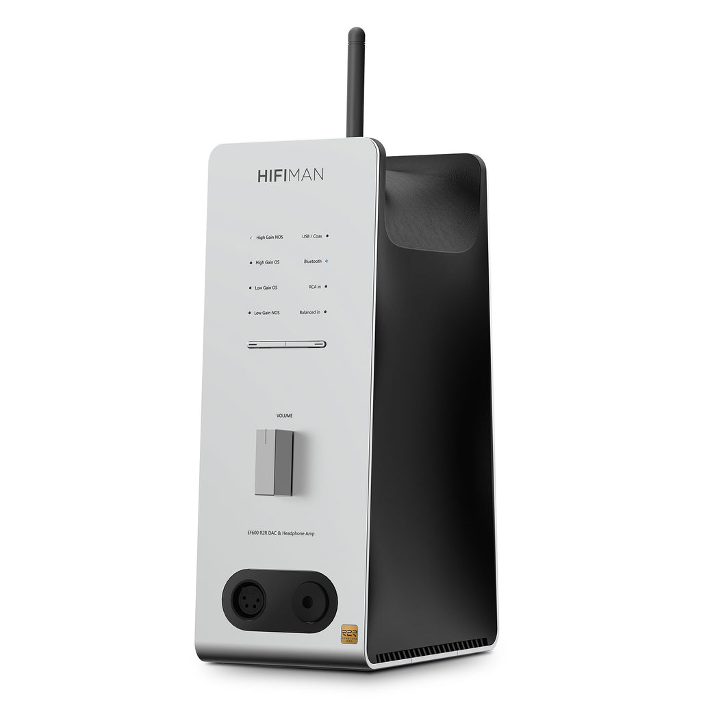 HIFIMAN EF600 Balanced Desktop DAC/Amplifier with volume knob, LED indicators, antenna, and headphone outputs on white and black body