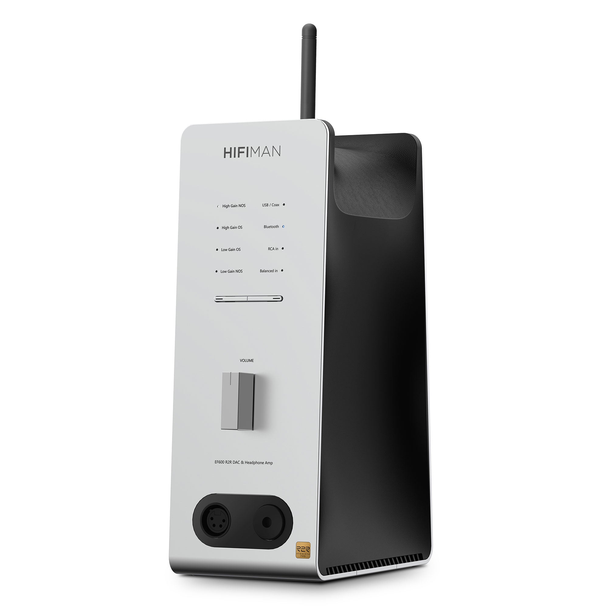 HIFIMAN EF600 Balanced Desktop DAC/Amplifier with volume knob, LED indicators, antenna, and headphone outputs on white and black body
