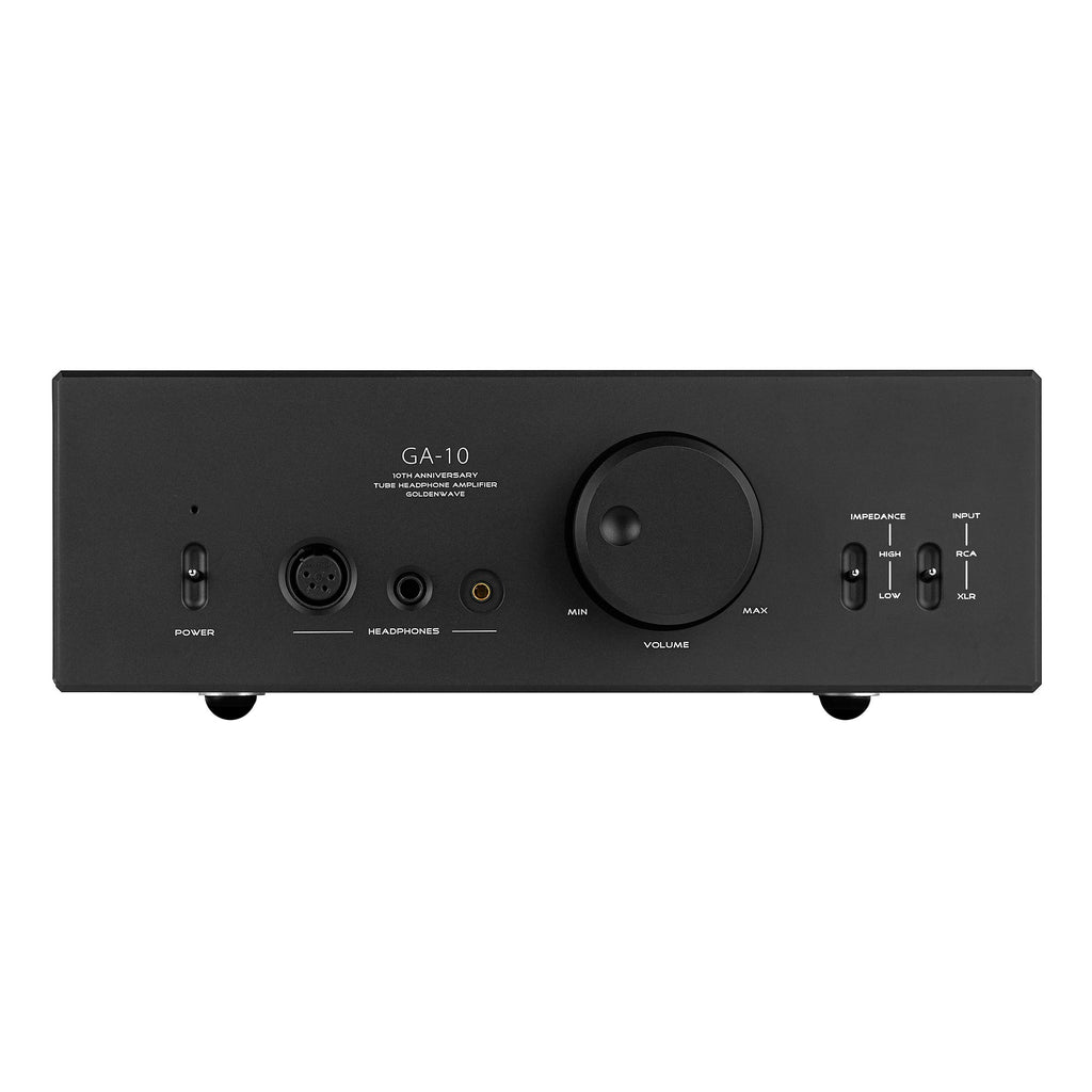 Front view of HIFIMAN GOLDENWAVE GA-10 | Desktop Tube Headphone Amplifier with volume knob and input switches on white background