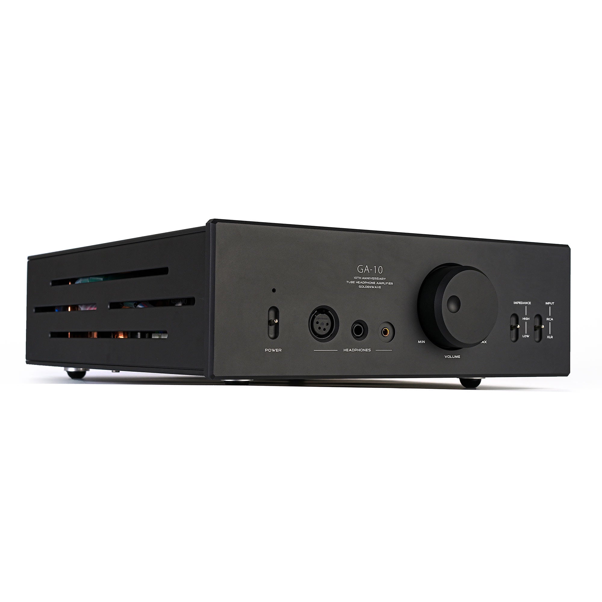 HIFIMAN GOLDENWAVE GA-10 | Desktop Tube Headphone Amplifier angled view showing controls and headphone ports on black surface