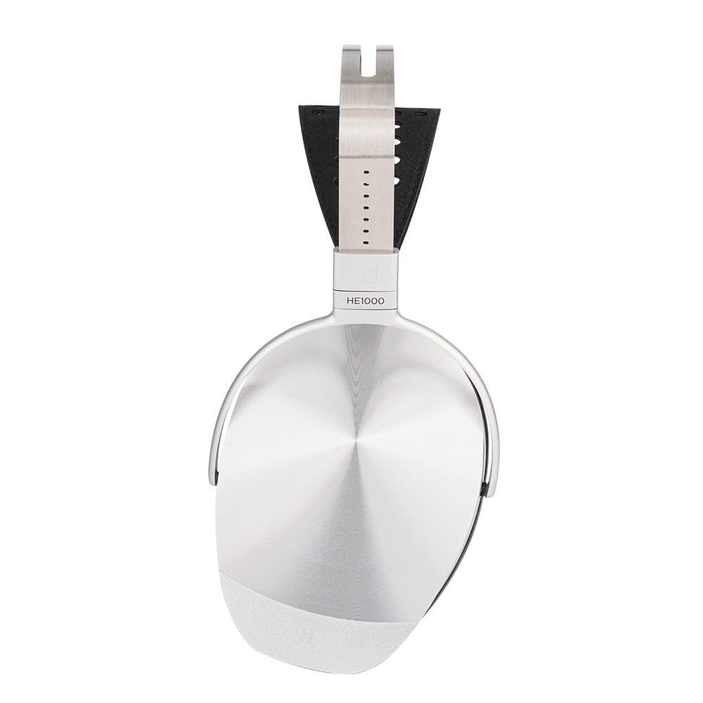 Close-up of the silver earcup and headband adjustment of HIFIMAN HE1000 UNVEILED Open-Back Planar Magnetic Headphones on white background