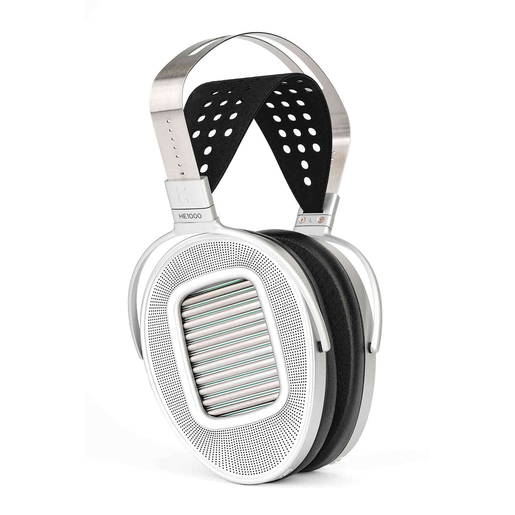 HIFIMAN HE1000 UNVEILED Open-Back Planar Magnetic Headphones in silver with black perforated headband and thick ear pads on white background