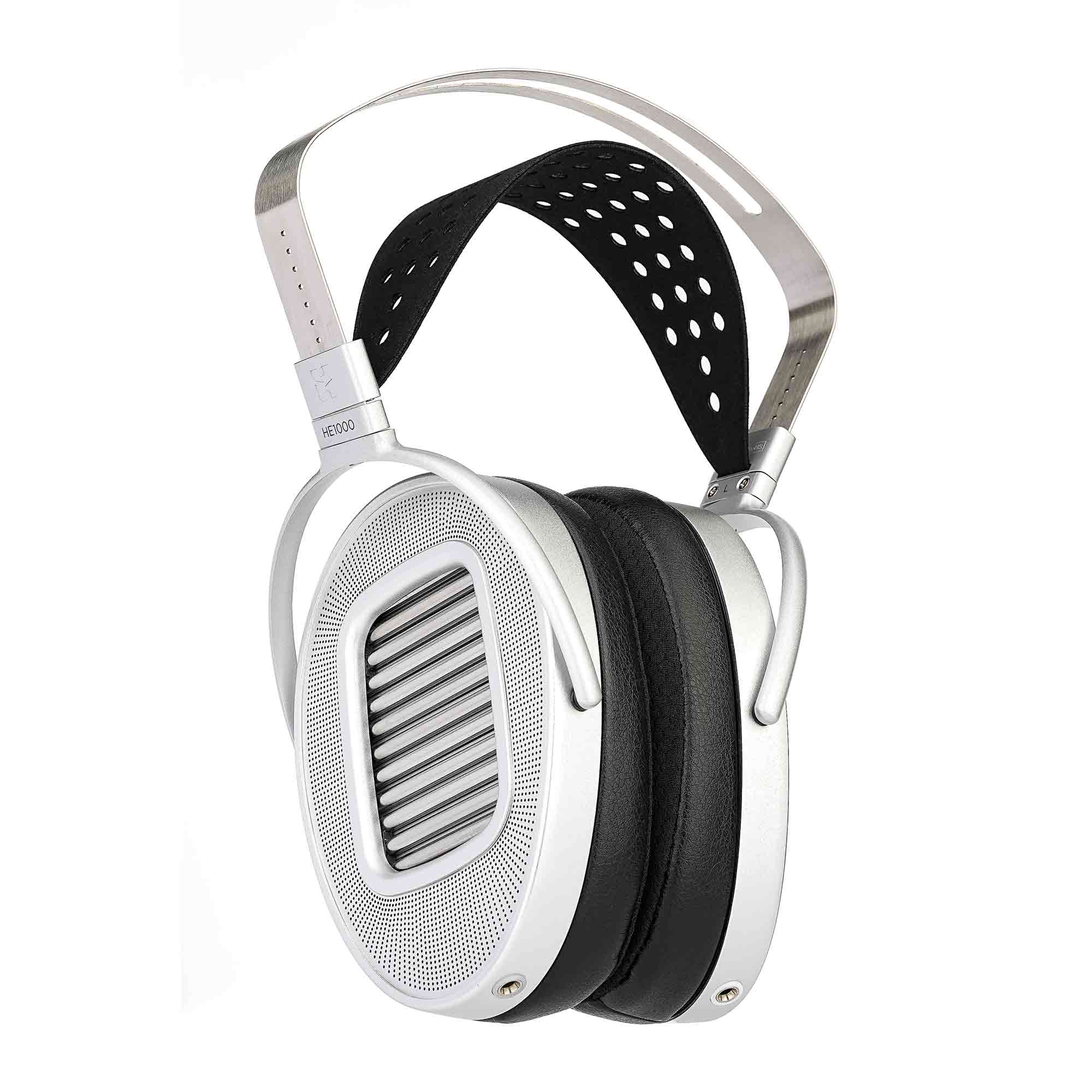 HIFIMAN HE1000 UNVEILED Open-Back Planar Magnetic Headphones with silver frame and black perforated headband isolated on white background