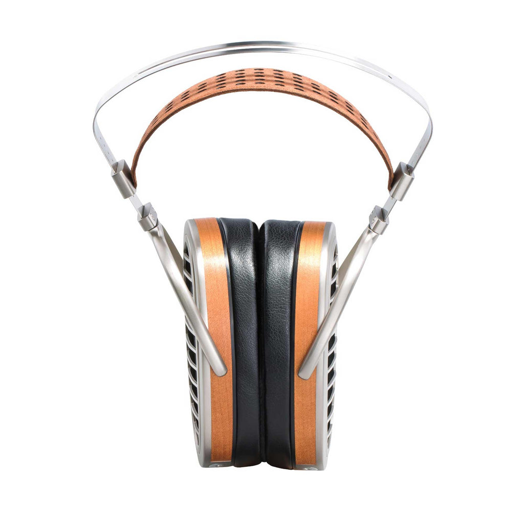 Front view of HIFIMAN HE1000 Stealth Open-Back Planar Magnetic Headphones showing wooden ear cups and metal frame