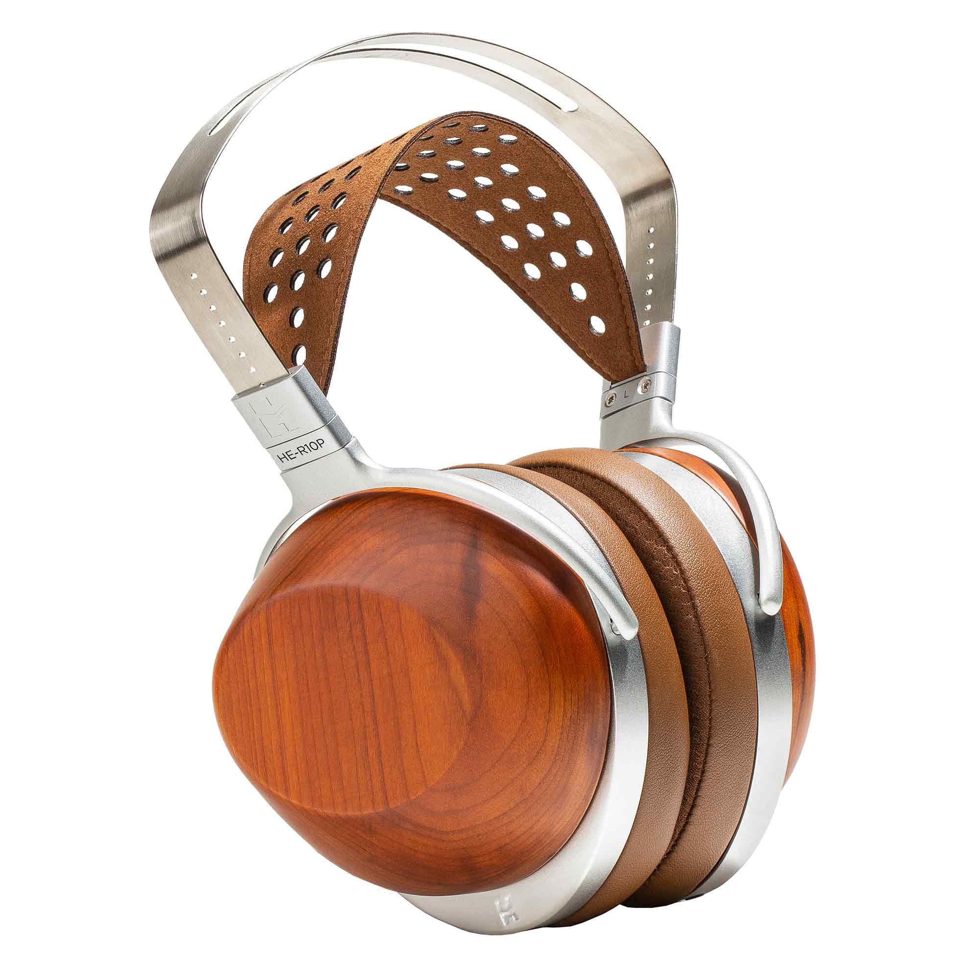 HIFIMAN HE-R10P Closed-Back Planar Headphone with wooden ear cups and leather-padded headband on white background