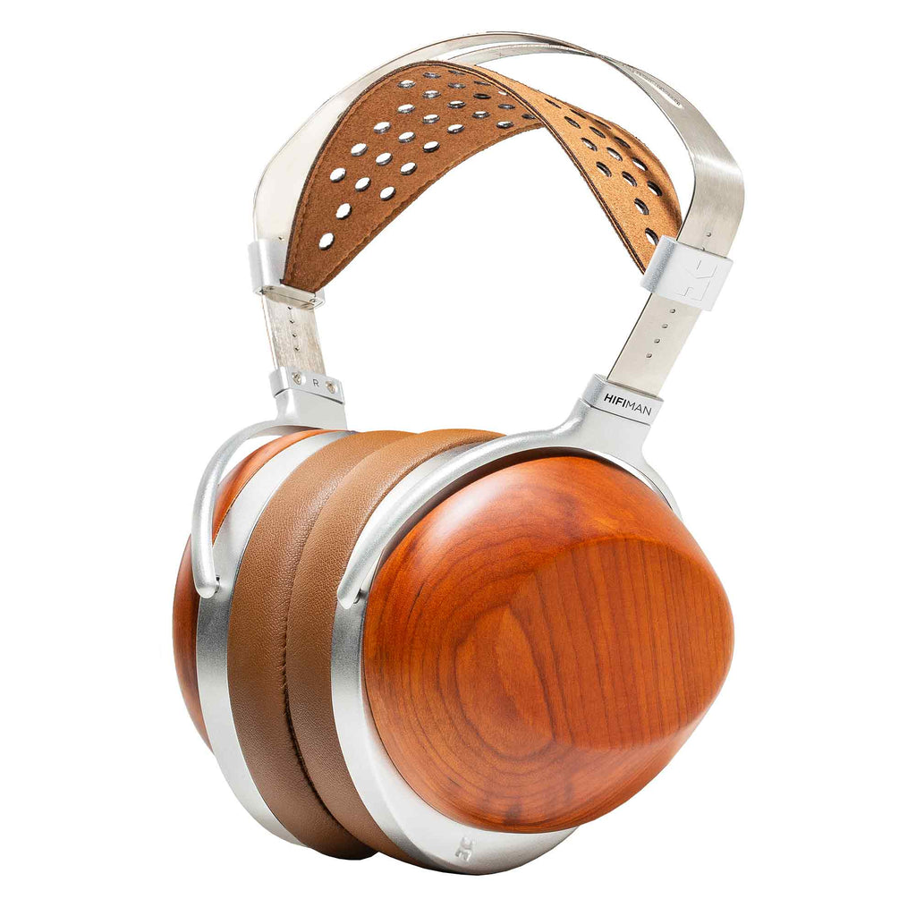 HIFIMAN HE-R10P Closed-Back Planar Headphone with wooden ear cups and brown leather padding on white background