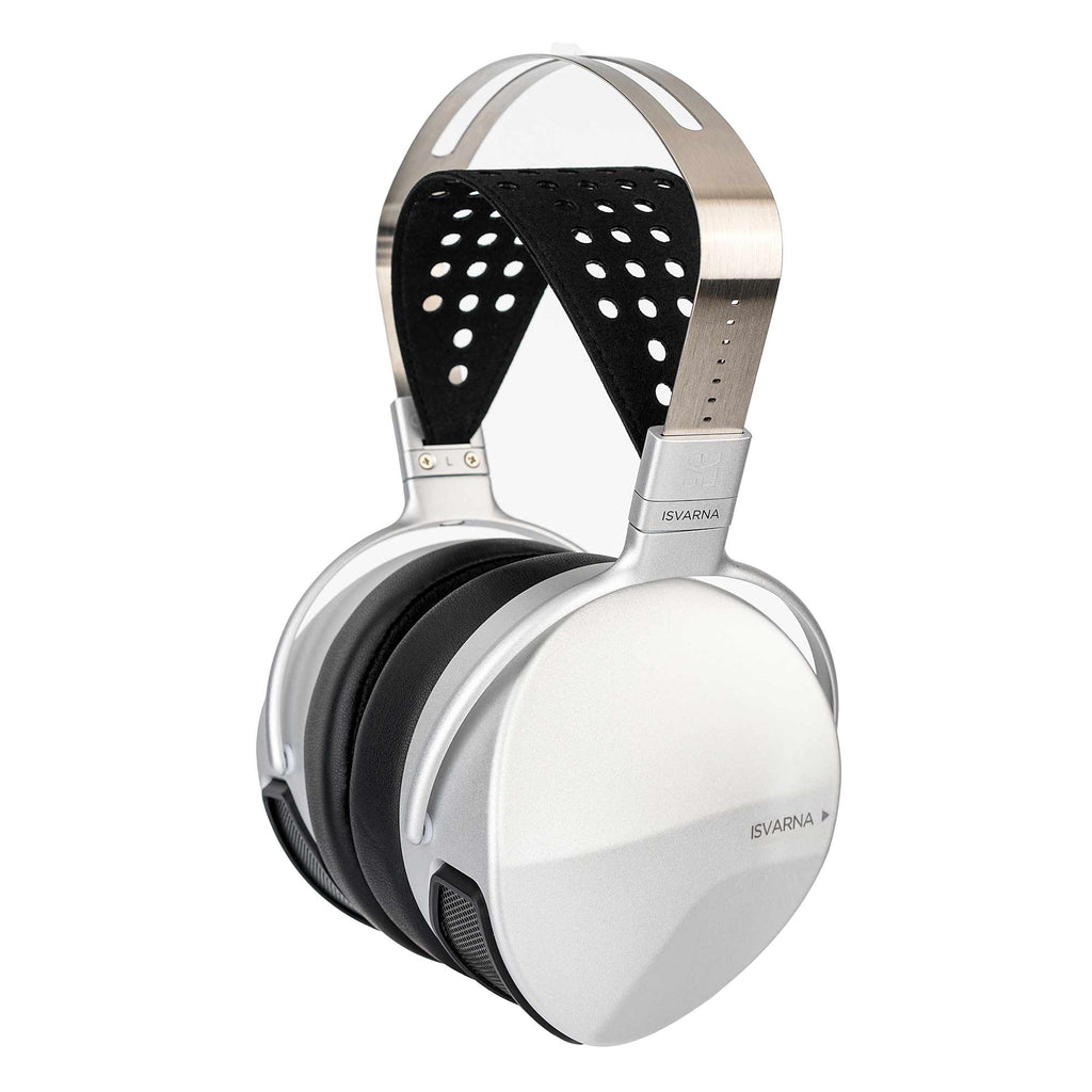 HIFIMAN ISVARNA Closed-Back Headphones in silver with black perforated headband and cushioned ear cups isolated on white background