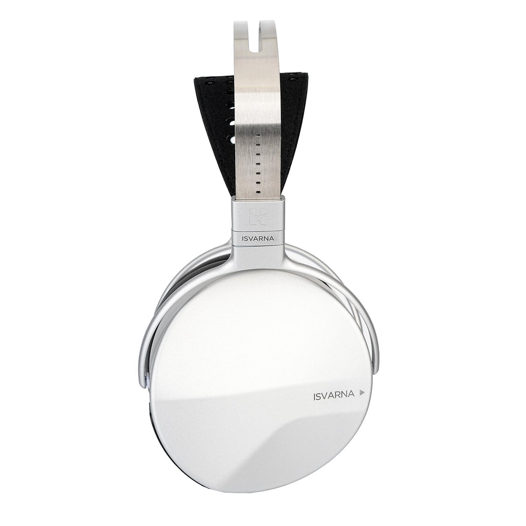 Top view of HIFIMAN ISVARNA Closed-Back Headphones with silver ear cup and metal headband on white background