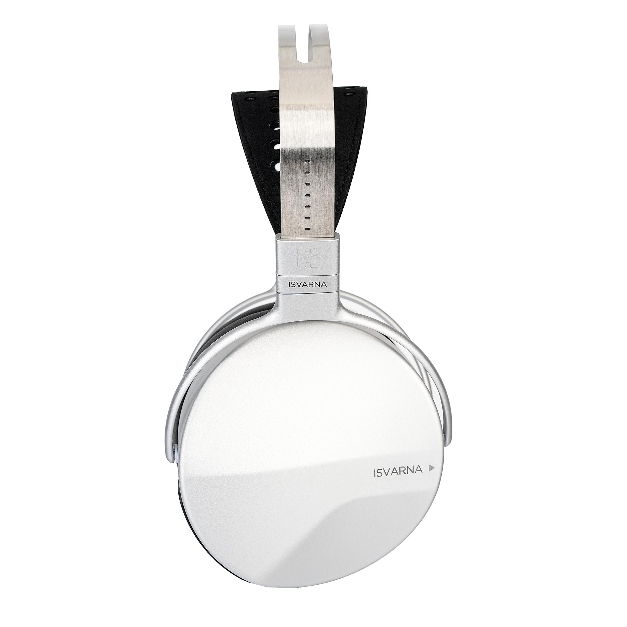 Top view of HIFIMAN ISVARNA Closed-Back Headphones with silver ear cup and metal headband on white background