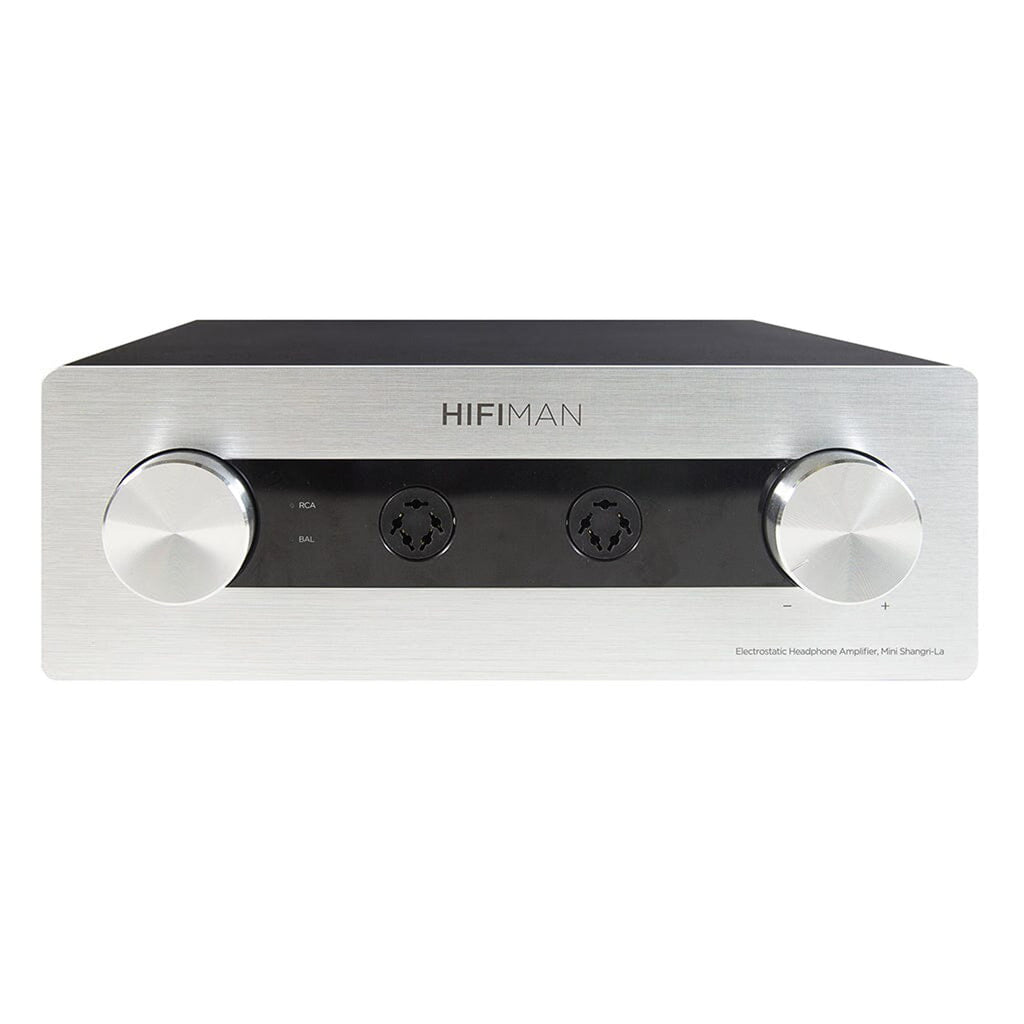 HIFIMAN Mini Shangri-La Electrostatic Headphone and Amplifier System front view with silver knobs and dual headphone connectors