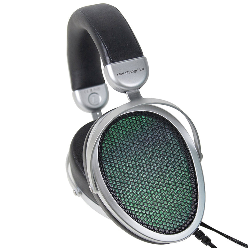 HIFIMAN Mini Shangri-La Electrostatic Headphone and Amplifier System showing open-back ear cups with black headband on white background