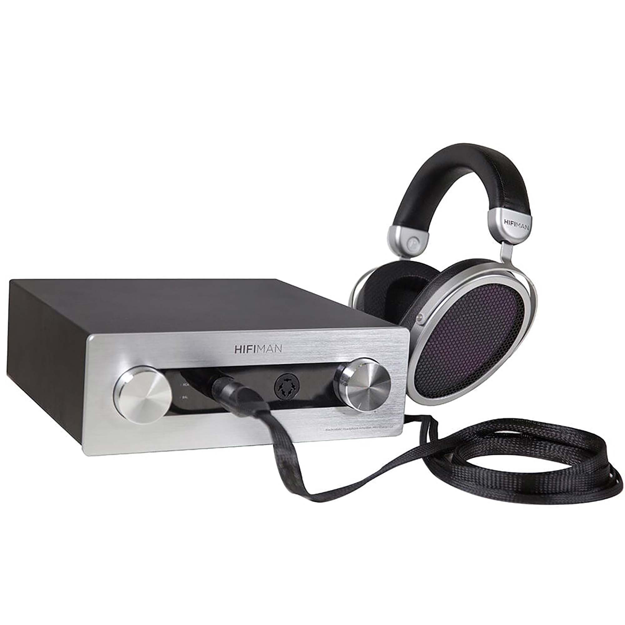 HIFIMAN Mini Shangri-La Electrostatic Headphone and Amplifier System with headphones connected by black cables on white background