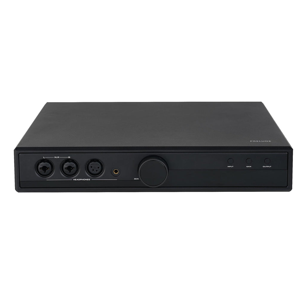 Front view of the HIFIMAN GOLDENWAVE Prelude Balanced Headphone Amplifier with multiple headphone jacks and control dial