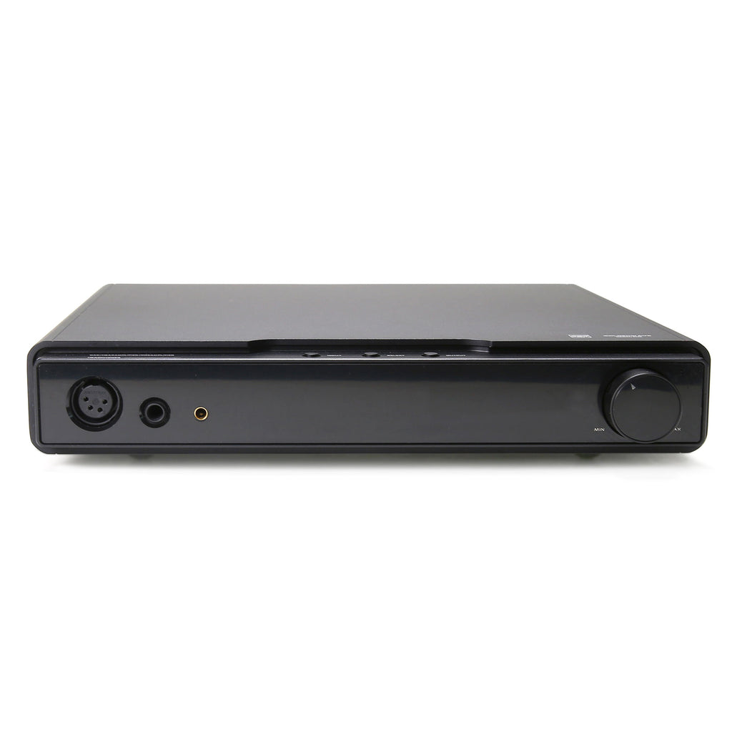 Front view of HIFIMAN GOLDENWAVE Serenade DAC and Headphone Amplifier with headphone jacks and control knob on white background