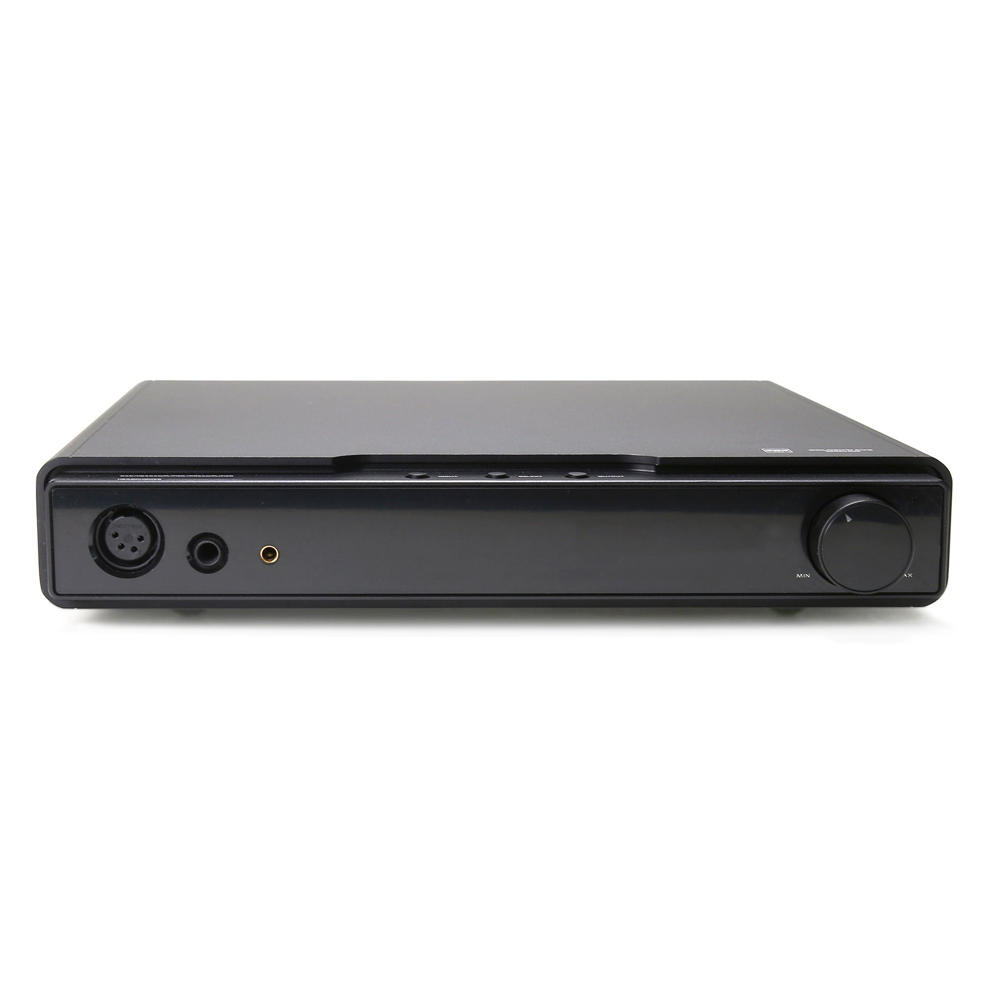 Front view of HIFIMAN GOLDENWAVE Serenade DAC and Headphone Amplifier with headphone jacks and control knob on white background