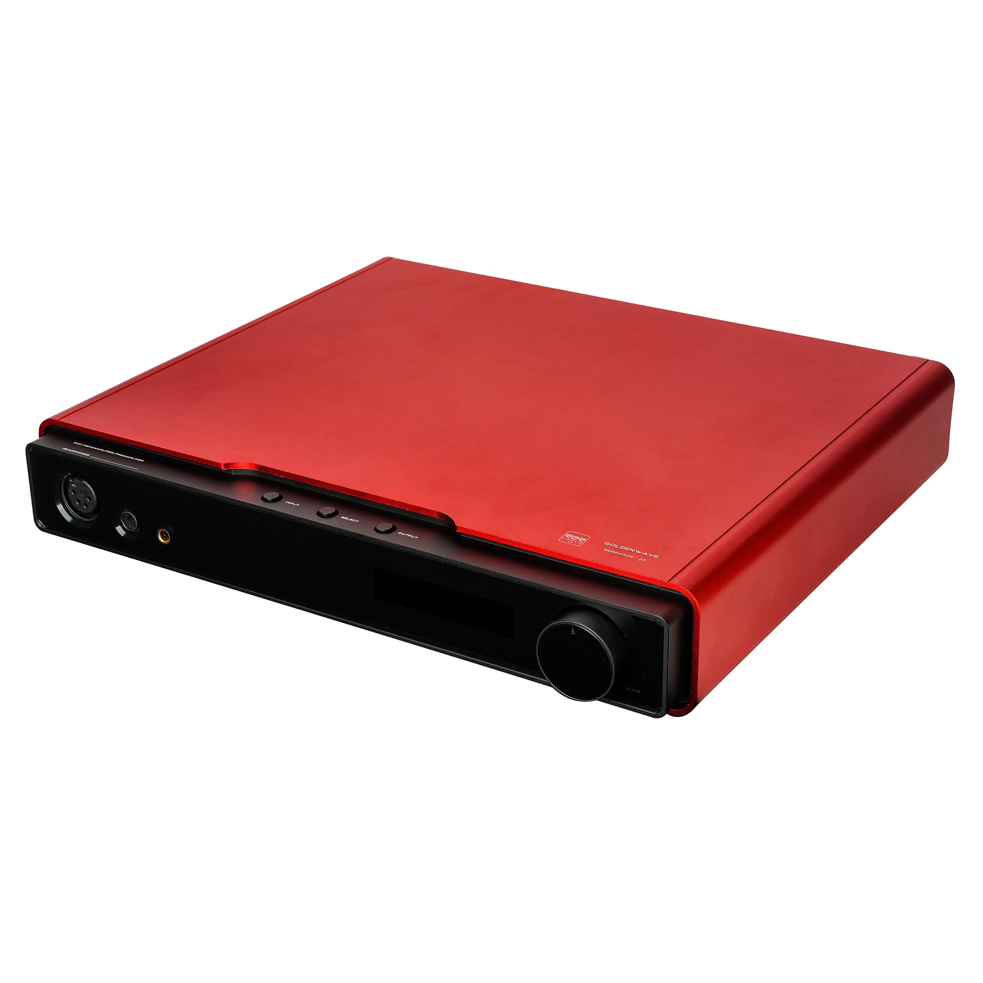 HIFIMAN GOLDENWAVE Serenade Jr. DAC and Headphone Amplifier in red with black front panel and control knob on white background