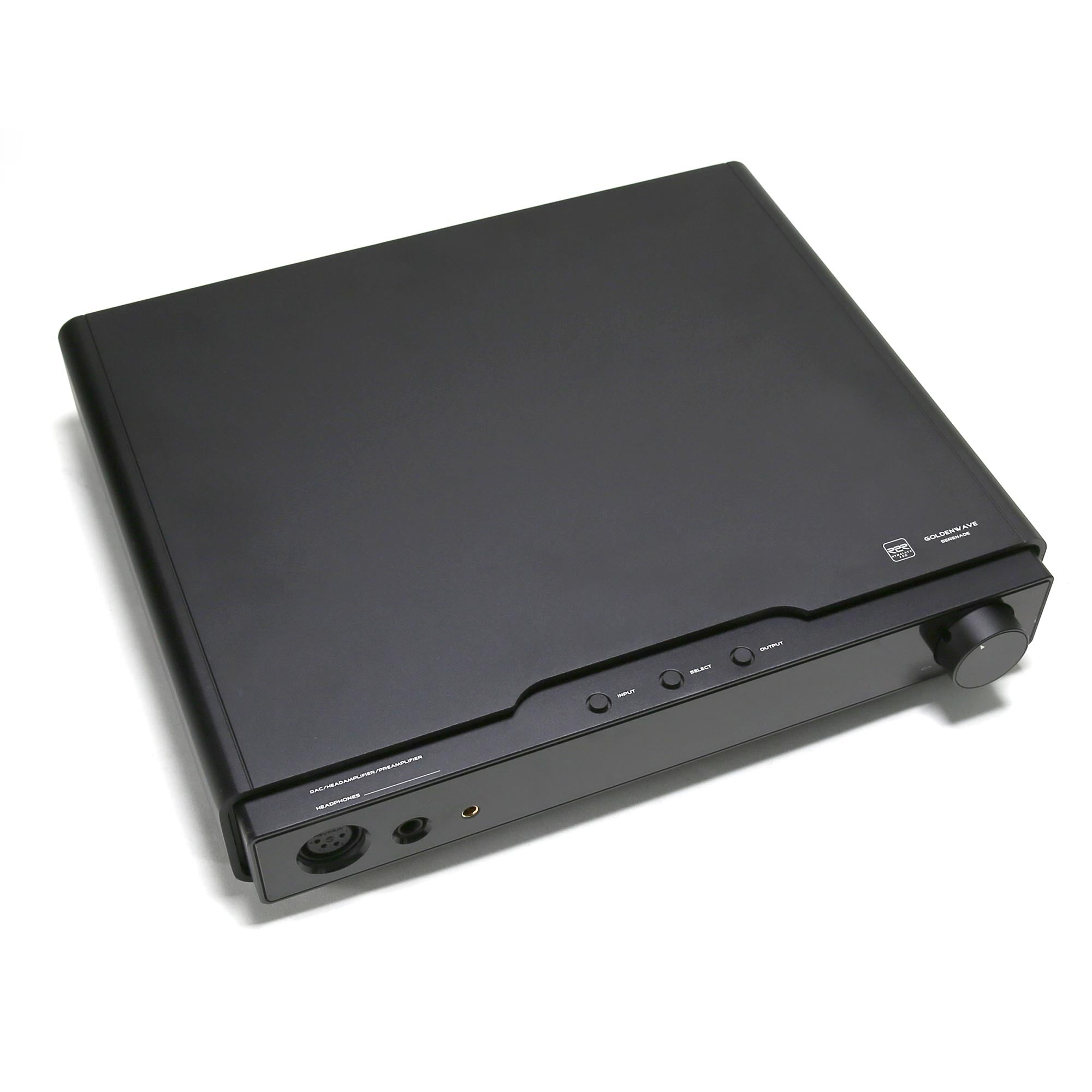 Top angle of the black HIFIMAN GOLDENWAVE Serenade DAC and Headphone Amplifier with buttons and headphone jacks visible