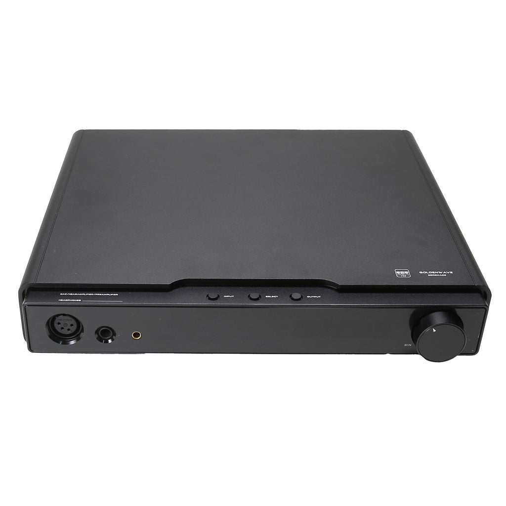 HIFIMAN GOLDENWAVE Serenade DAC and Headphone Amplifier with front panel headphone outputs and control knob on white background